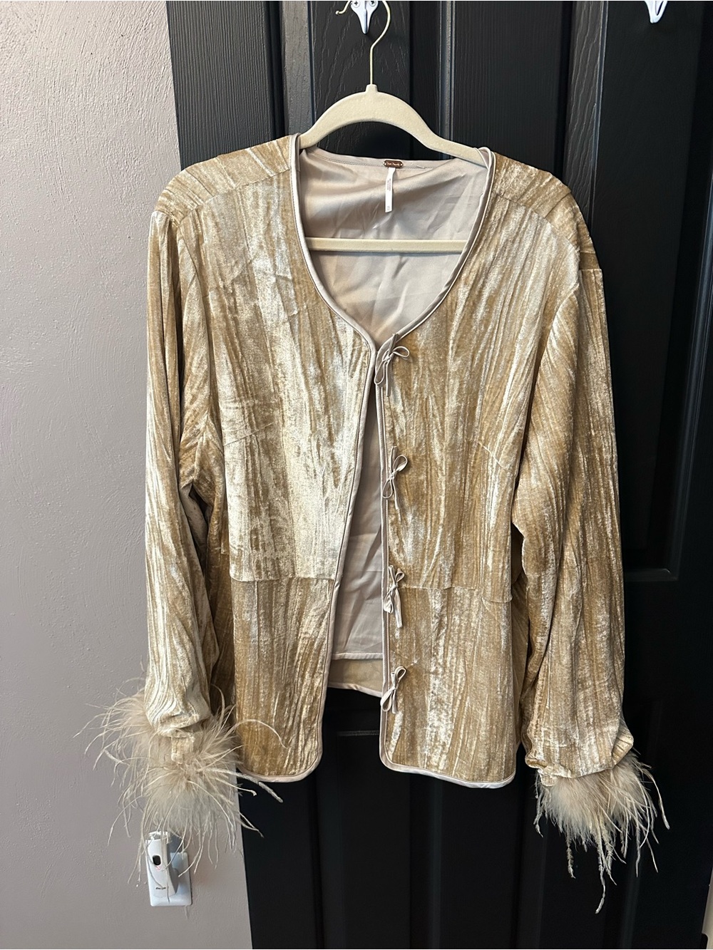 Free People Metallic Gold Tie-Front Jacket with Feather Cuffs